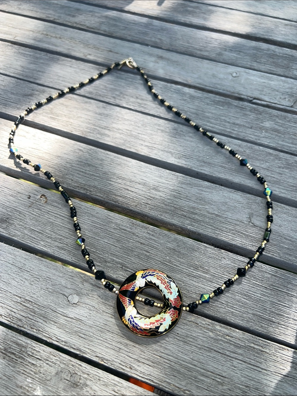 Phoenix cloisonné Black Beaded Necklace Multicolor Enamel